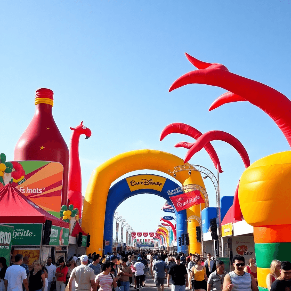 Outdoor festival with colorful giant inflatables, arches, and swaying air dancers under a clear sky, creating an exciting and vibrant atmosphere.