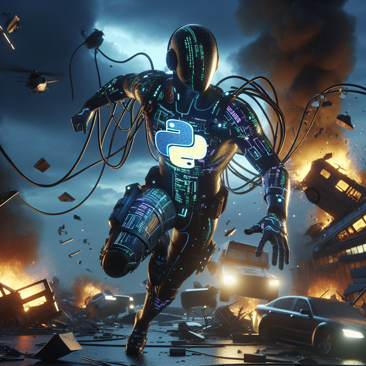 A person wearing a futuristic superhero outfit with circuit and code patterns, using Python coding to manipulate technology and assist in a rescue scenario.
