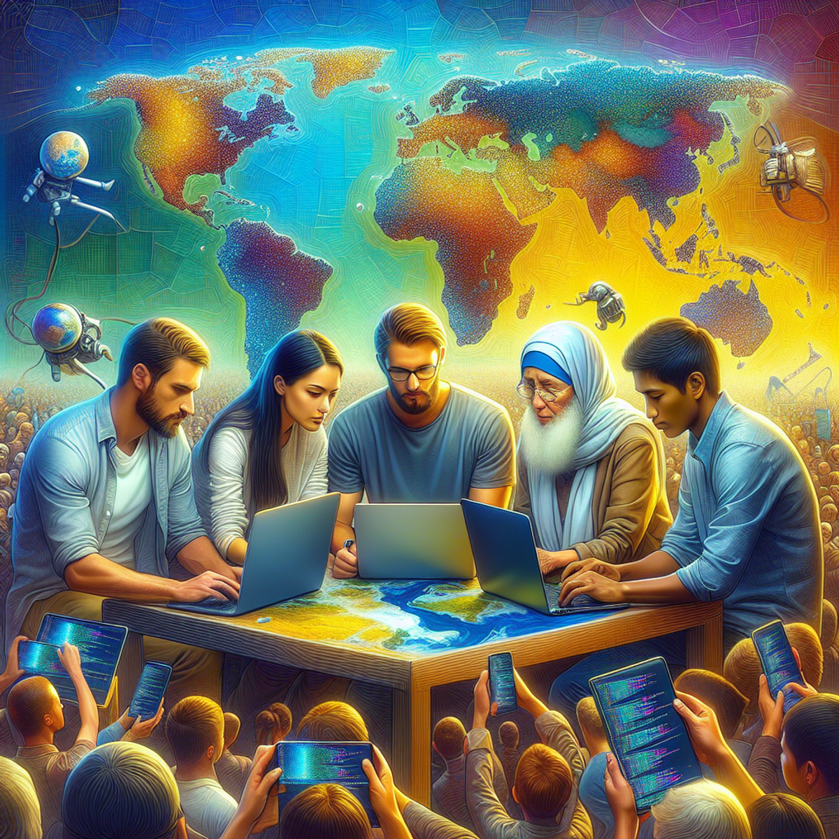 Three people working on laptops in front of a world map with highlighted regions.