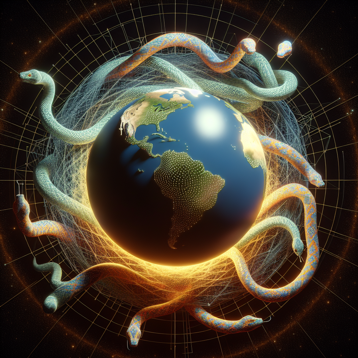 A globe surrounded by interconnected digital networks, symbolizing global unity and cooperation through technology.