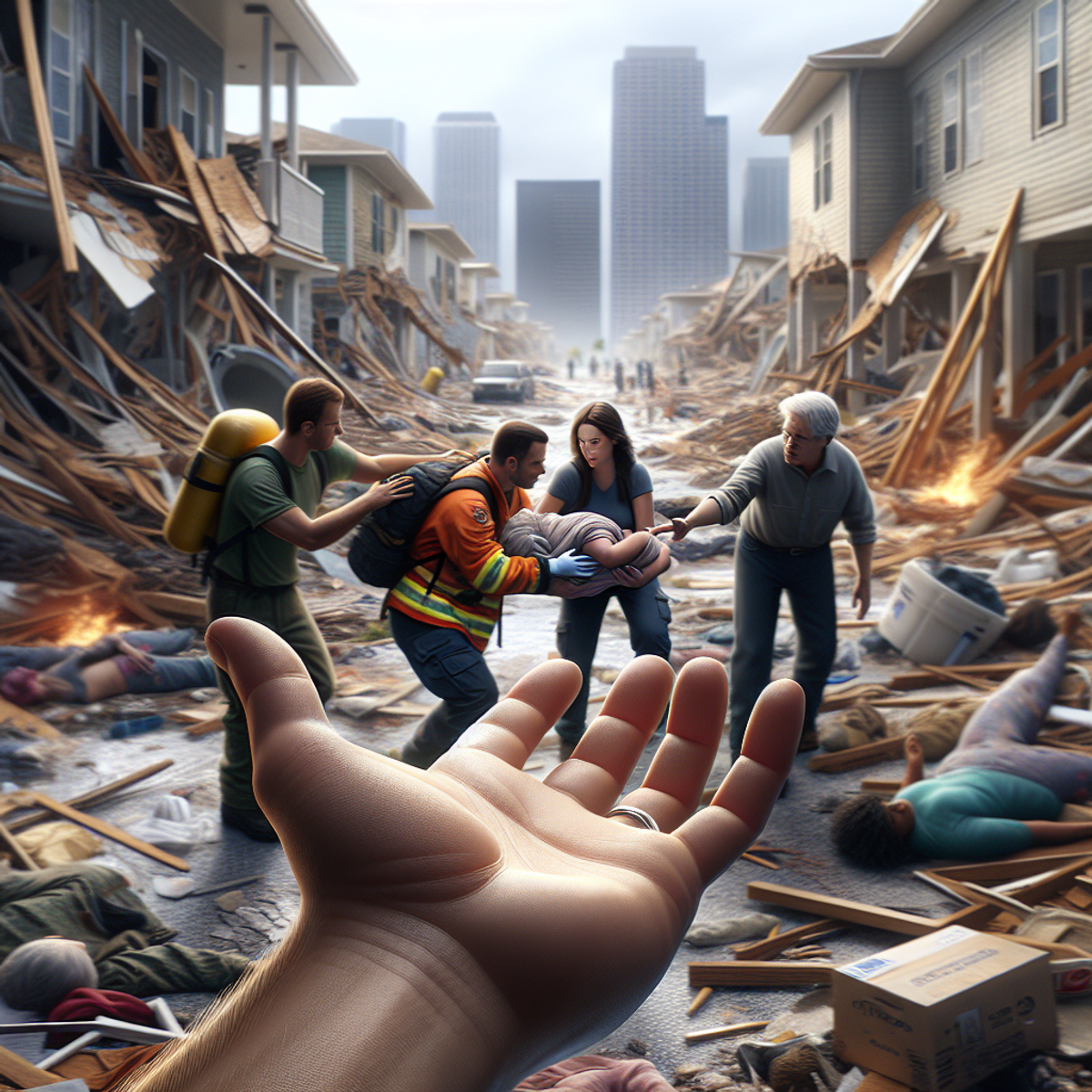 A compassionate hand extends, reaching out in the midst of a disaster-stricken community. The area is filled with subtle signs of chaos and destruction, yet hope persists. Diverse responders bring relief to residents: a middle-aged Caucasian male, a young Hispanic female, and an elderly Black male working together amidst the devastation, epitomizing strength, cooperation, and resilience during calamities.