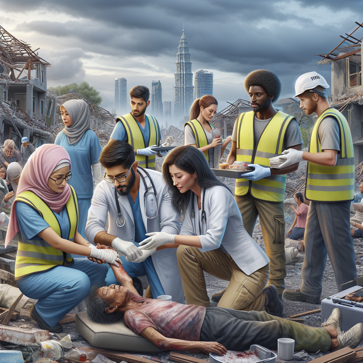 A diverse team of relief workers providing aid in a disaster-stricken area.