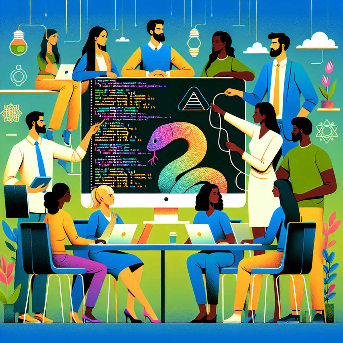 A diverse group of people from different backgrounds work together on a complex Python code project displayed on a large screen, symbolizing teamwork and collaboration in a modern tech workspace.