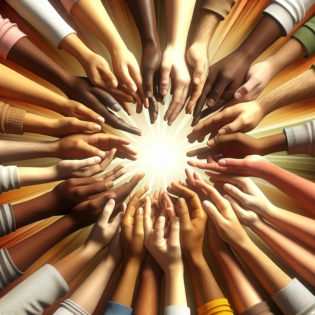 Hands of diverse ethnicities reaching towards the center in unity and collaboration.