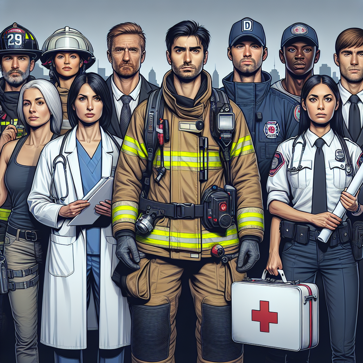 A diverse group of crisis response professionals standing together, ready to take action in times of need.