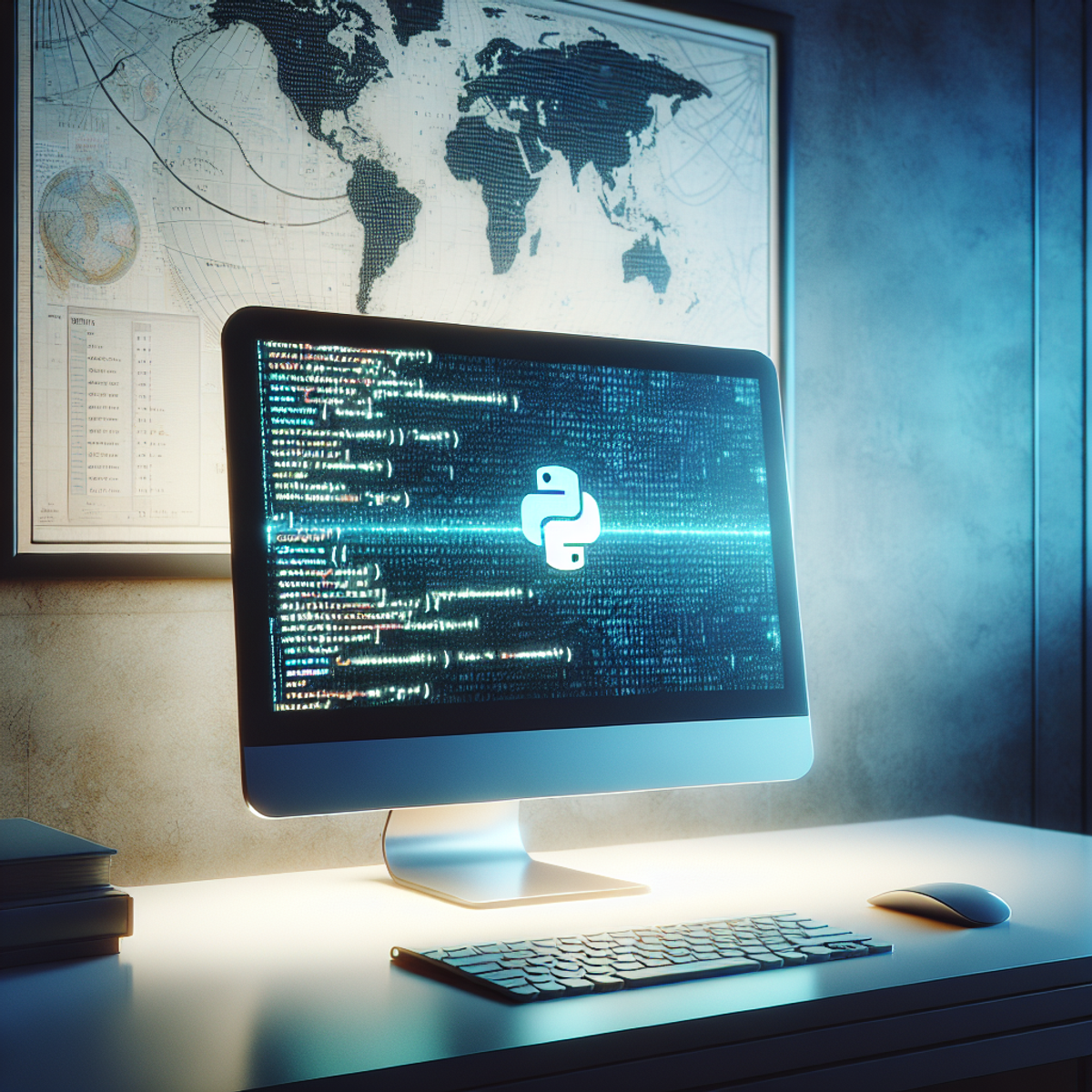 A computer monitor displaying abstract Python code with a soft cyan backlight, on a modern desk with a world map pinned to the wall.
