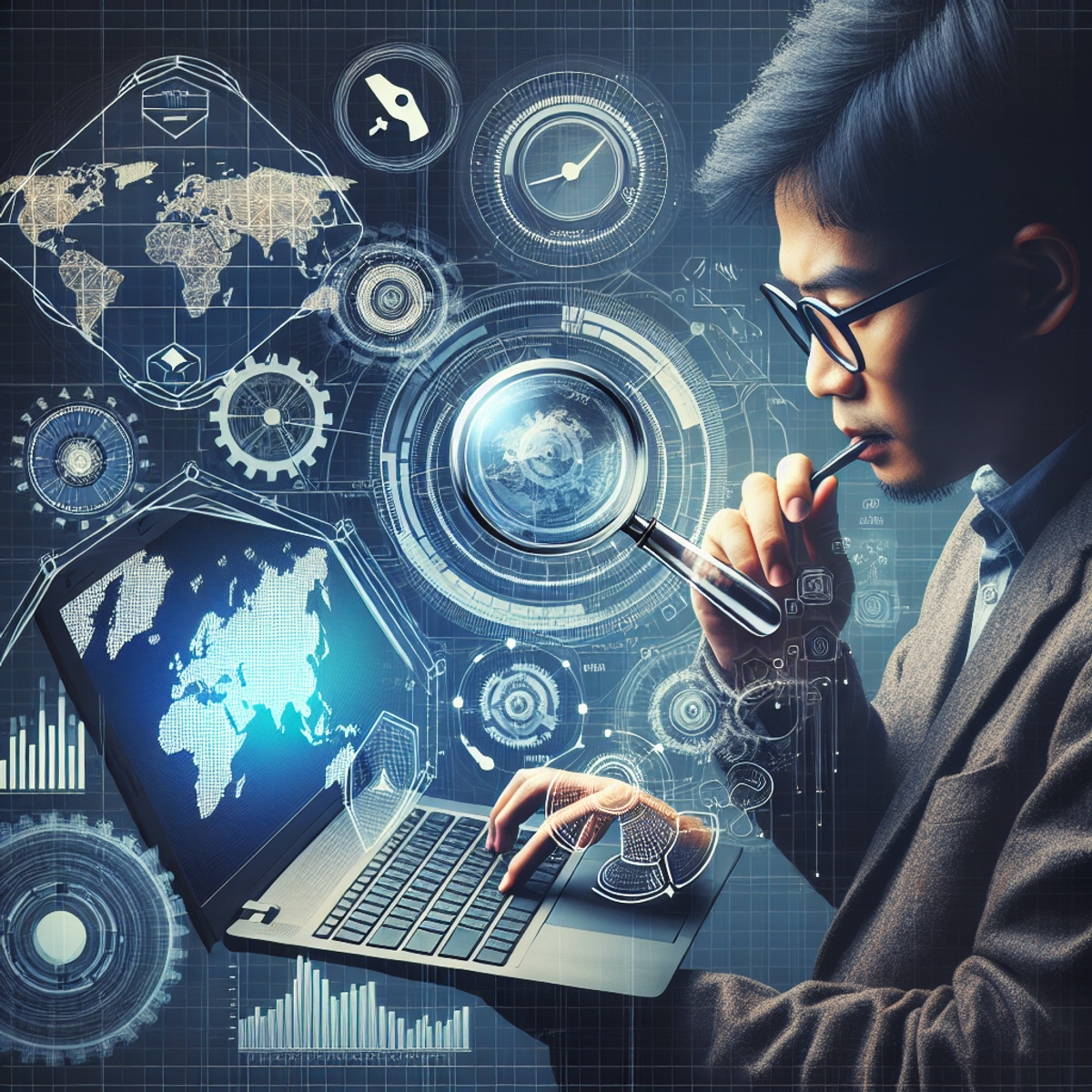 A person of Asian descent working on a laptop with a world map on the screen, surrounded by gears, an antenna, a magnifying glass over a bar chart, and a compass symbol.