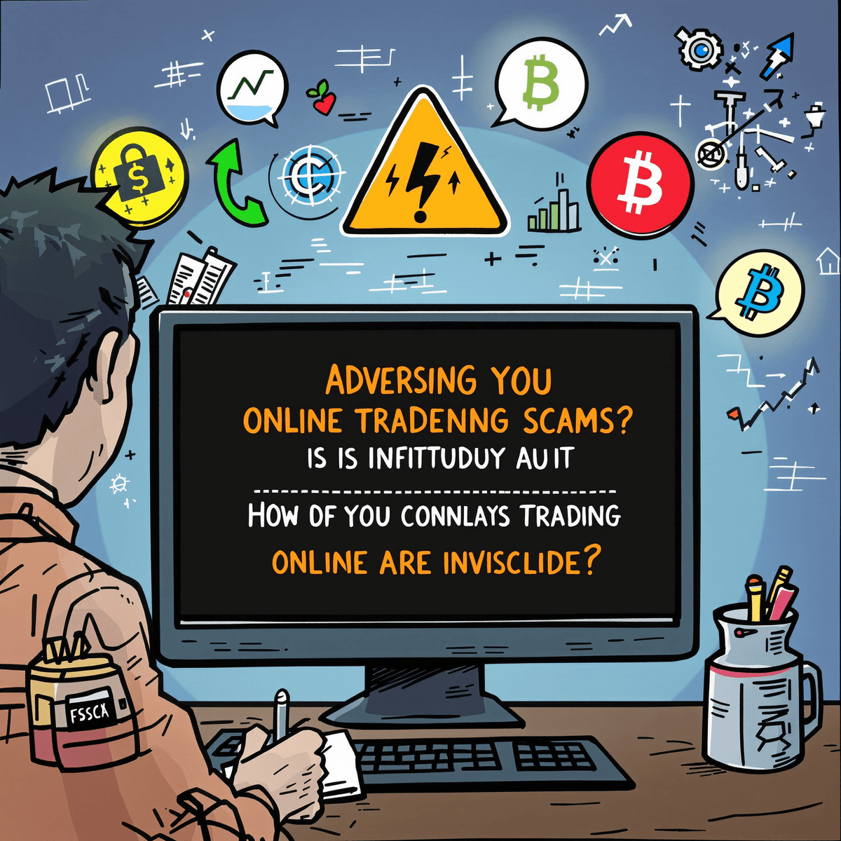 A concerned investor examines a computer screen showing warning signs about online trading scams, with financial symbols in the background.