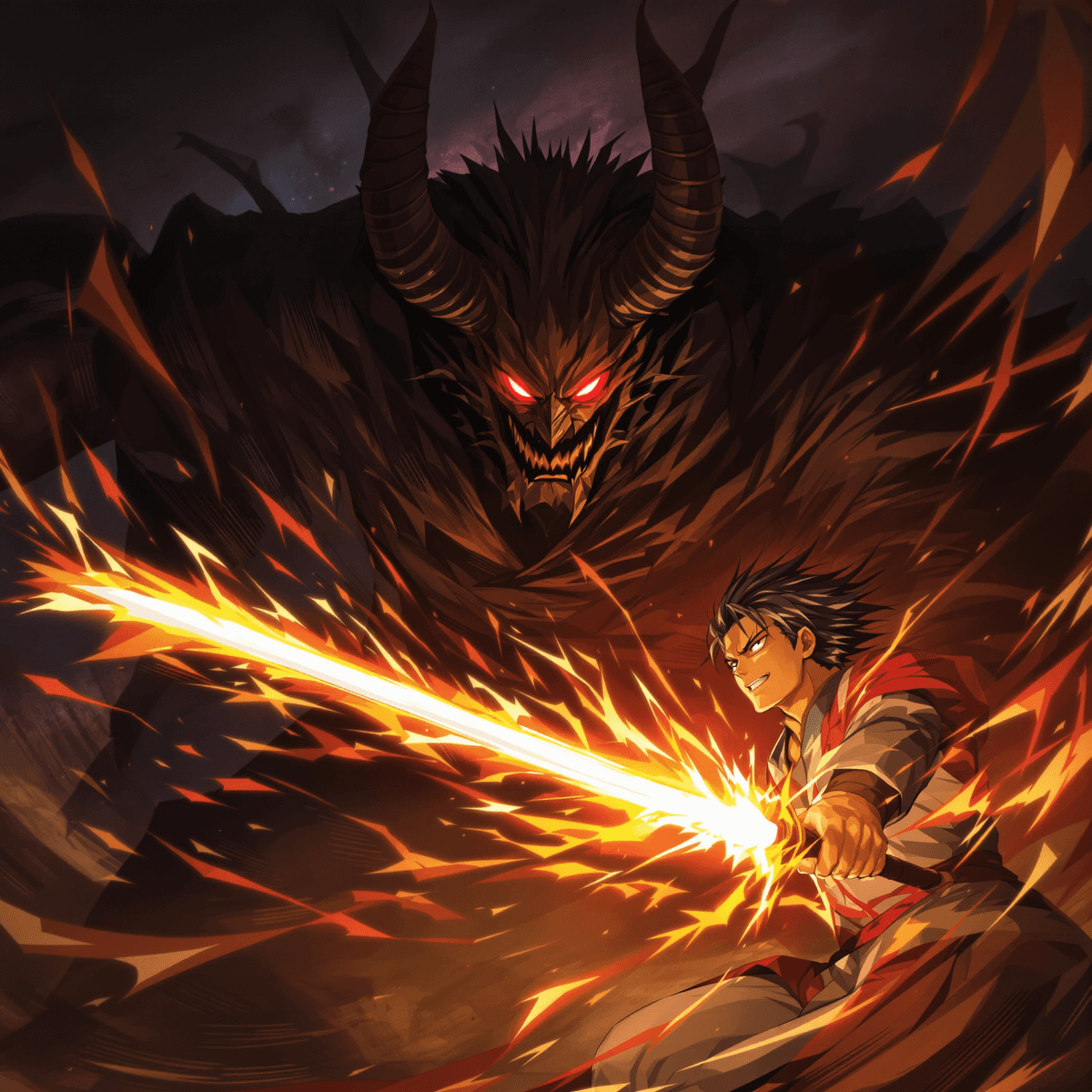 A dark shadowy figure faces a determined young warrior with a glowing sword in an intense, dramatic anime battle scene.