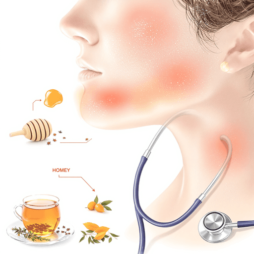 Close-up illustration of a healthy throat with inflamed areas highlighted, surrounded by honey, herbal tea, and a stethoscope on white background.