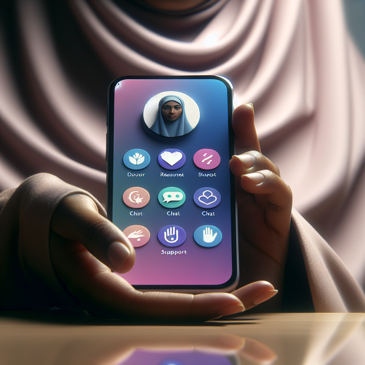 A close-up of a Middle-Eastern woman's hand holding a smartphone with a mental health app displayed on the screen, featuring calming colors, reassuring symbols, and communication icons.