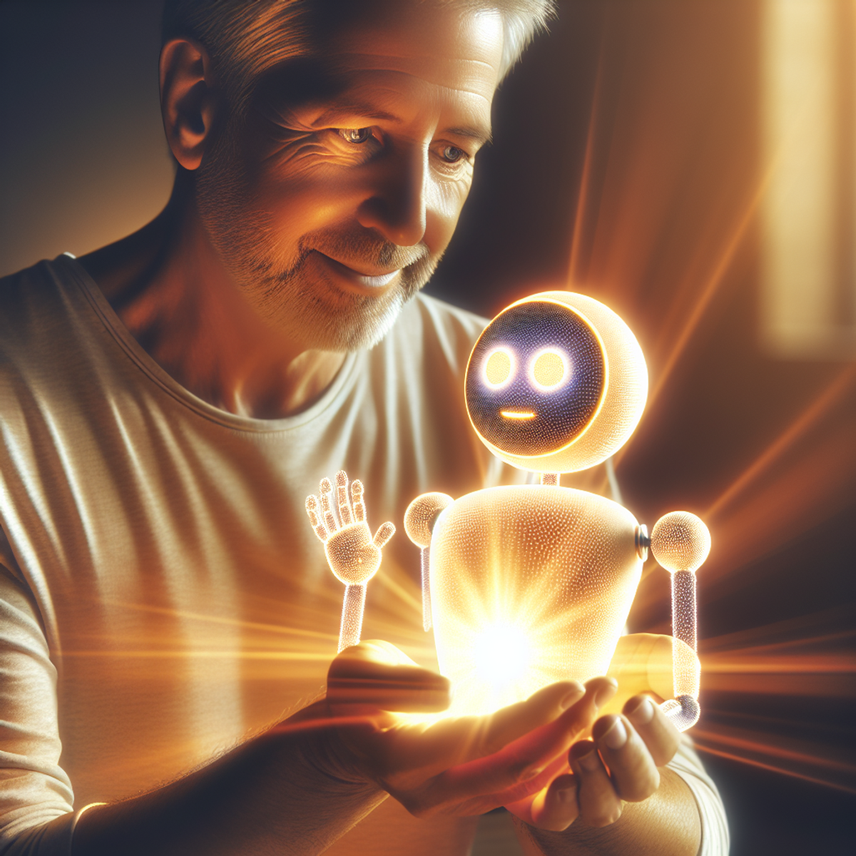 A middle-aged man holding a glowing virtual assistant bot, symbolizing technology's positive impact on mental health support.