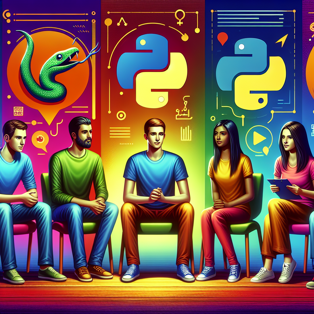 A diverse group of college students participating in a counseling session, surrounded by symbols related to the Python programming language.