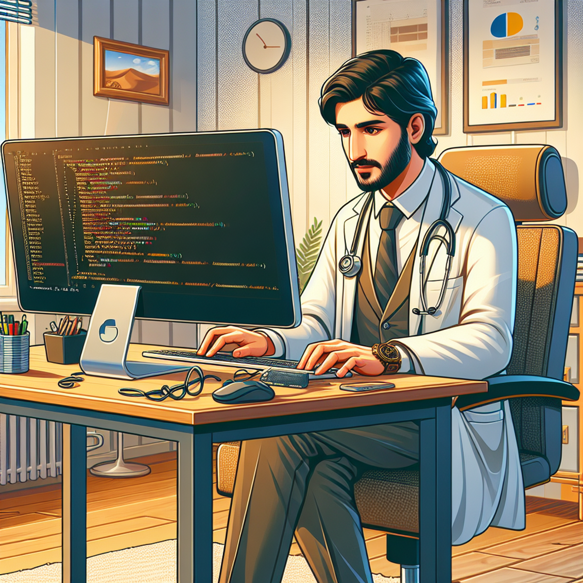 A Middle-Eastern male therapist deeply engrossed in a session of Python programming at a modern computer desk, surrounded by symbolic data representation on the screen.