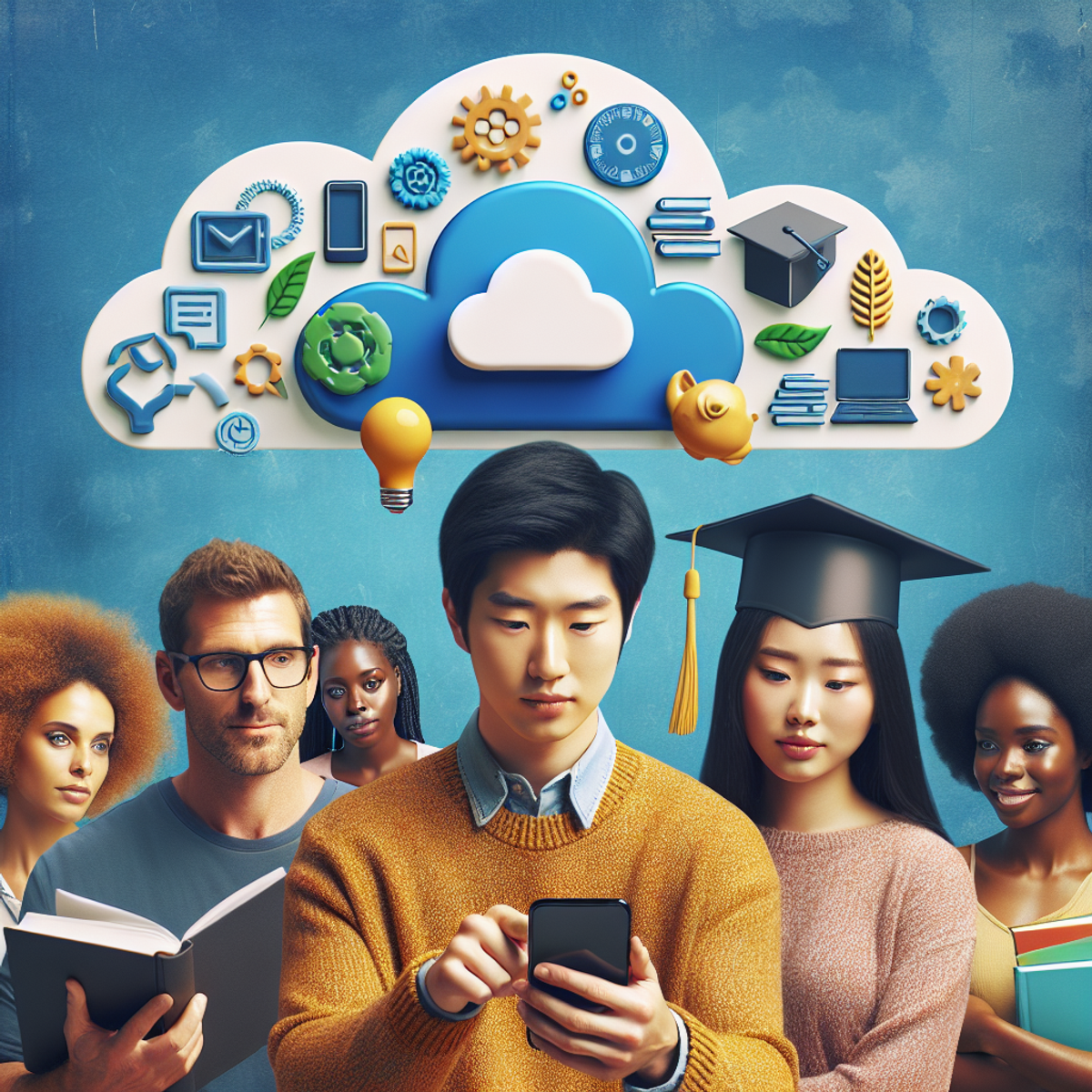 A diverse group of people in a college setting, with an Asian man holding a smartphone displaying a cloud icon and a Black woman looking at it with interest. Surrounding them are symbols of academia like books and a graduation cap.