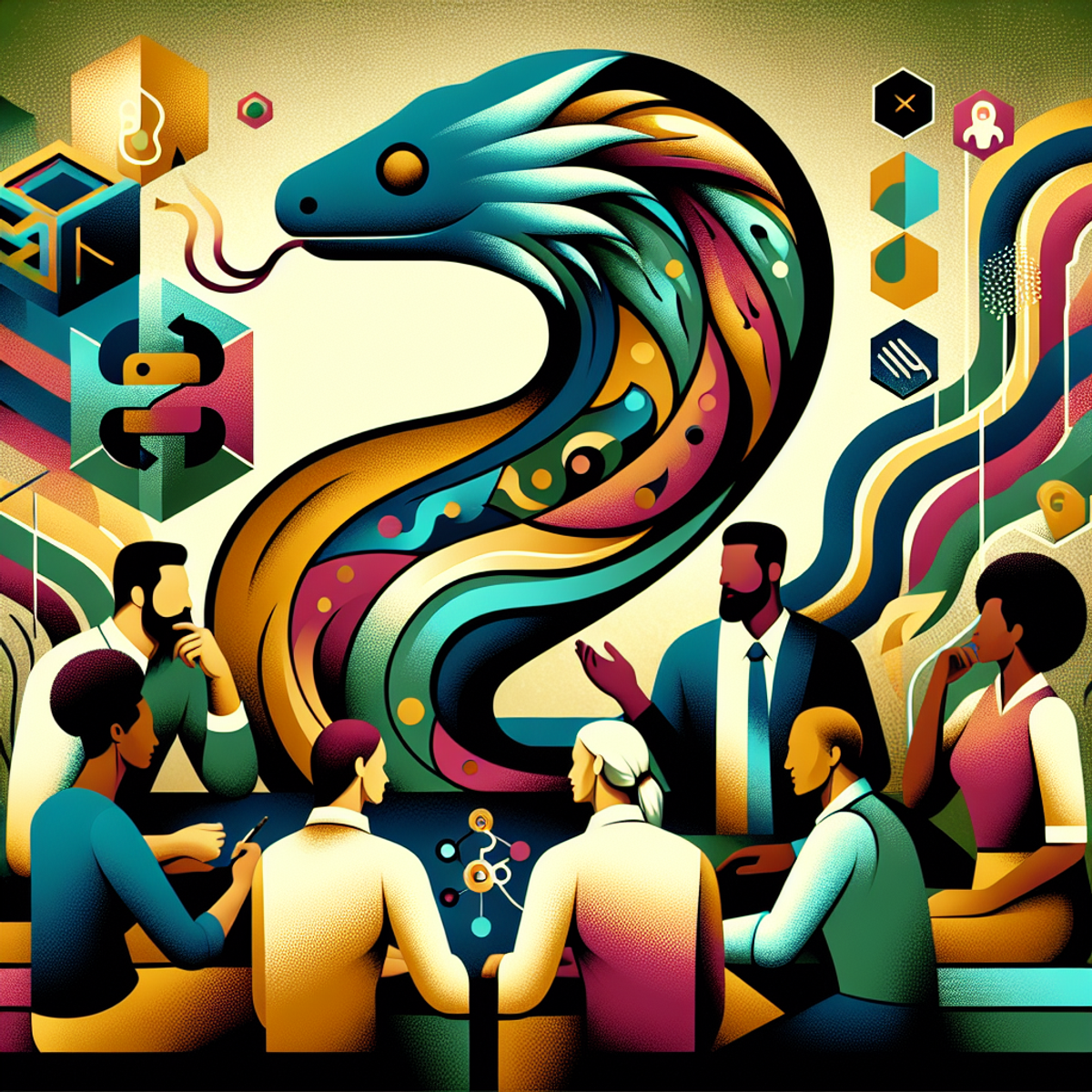 A diverse group of people from various ethnic backgrounds engaging in deep conversations, with subtle elements of Python's logo, mental health symbols, and technology devices integrated into the image.