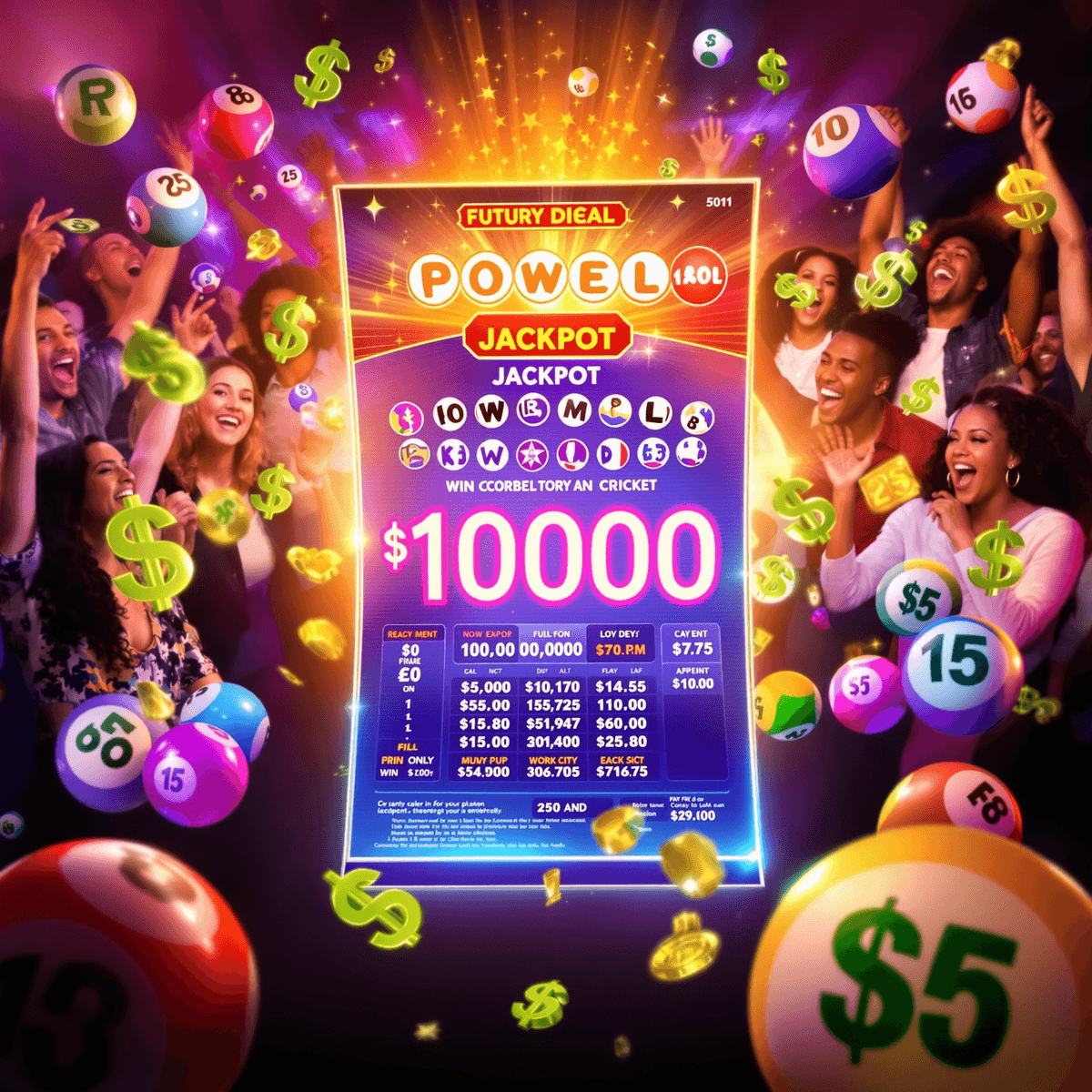 A glowing Powerball ticket with a large jackpot, colorful lottery balls, dollar signs, and excited people celebrating in the background.