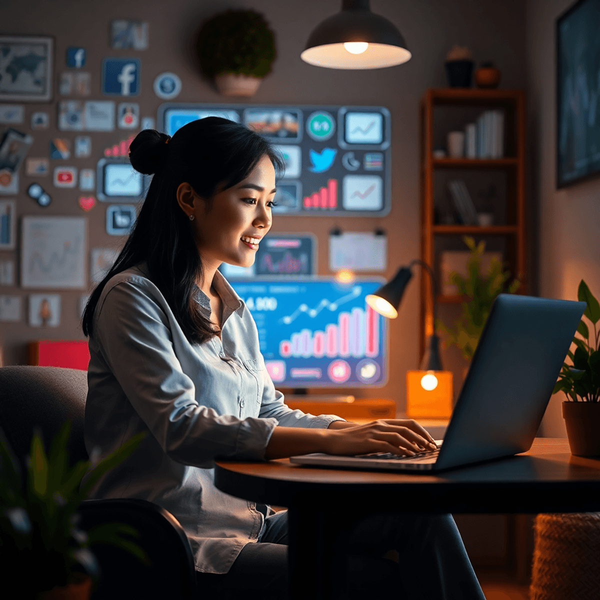 A small business owner working on a laptop in a cozy office, surrounded by digital marketing tools like social media icons and analytics graphs, conveying productivity and innovation.