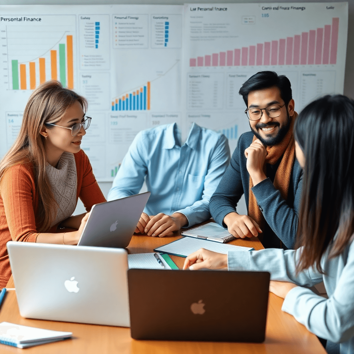 A group of financial bloggers engaged in discussion at a table, surrounded by laptops and notebooks, with charts and graphs in the background representing budgeting and investing.