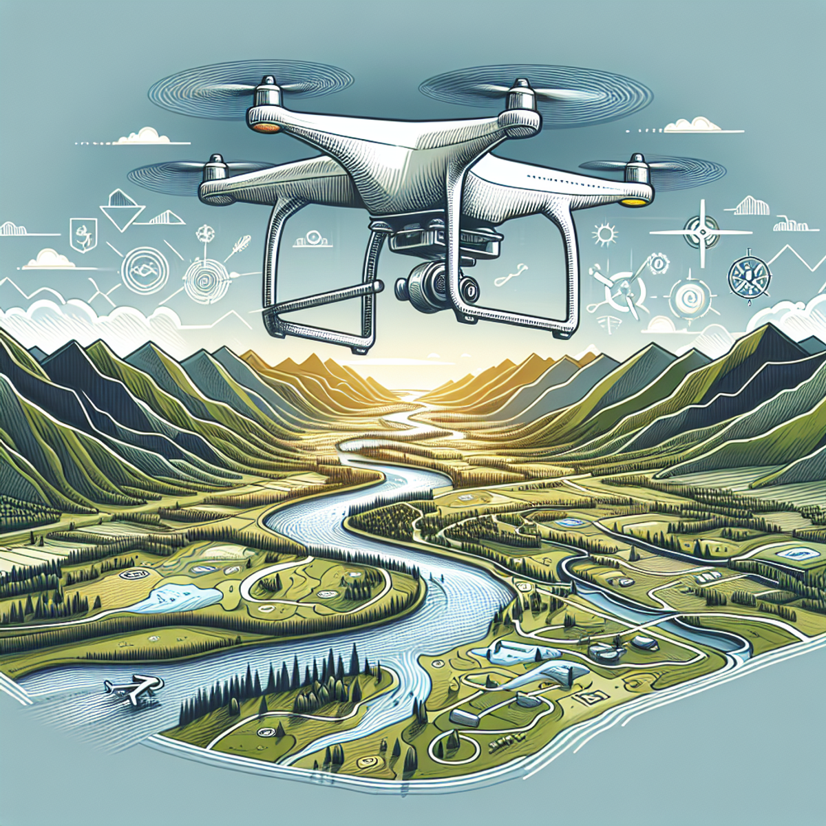 Aerial drone exploring a vast natural landscape
