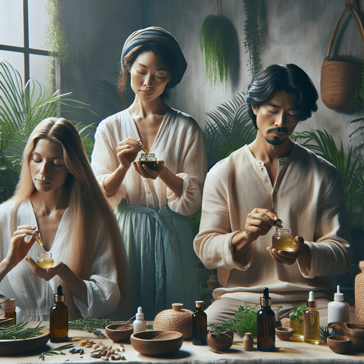 A Caucasian woman, an Asian man, and a Hispanic person are applying natural hair oils in a bright, serene environment surrounded by lush green plants and various herbs, embodying themes of self-care and holistic health.