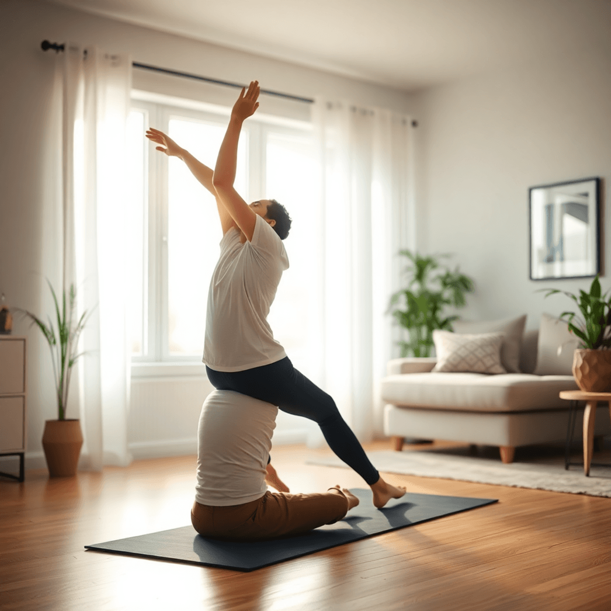 A person practicing gentle stretching exercises on a yoga mat in a serene living space, with soft natural light filtering through a window, creating a peaceful atmosphere.