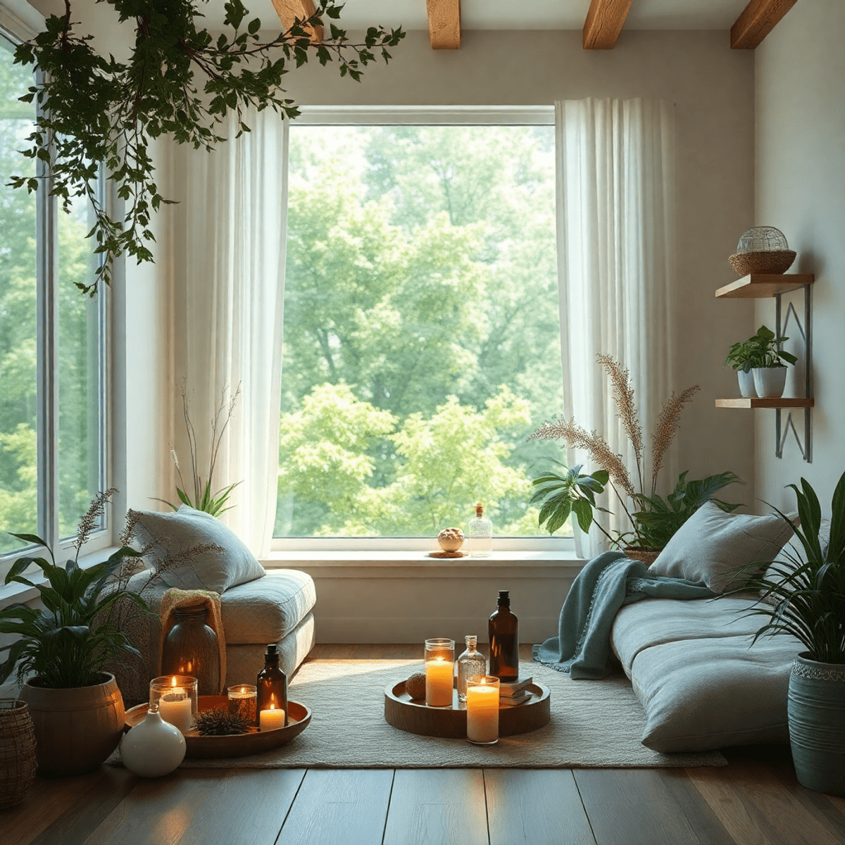 A tranquil setting featuring an assortment of herbal remedies, essential oils, and soft lighting, creating a comforting atmosphere for natural pain relief.