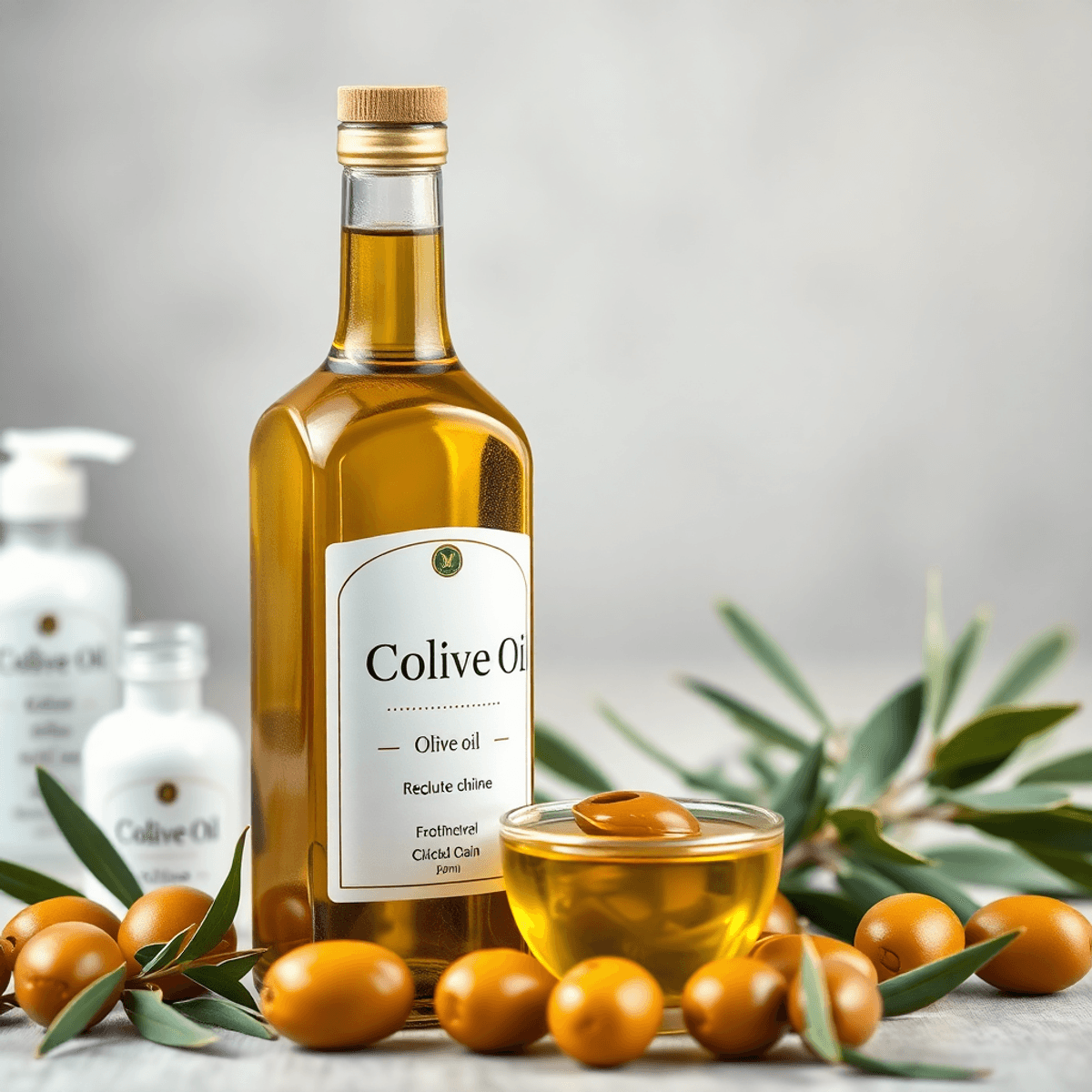 A bottle of olive oil and a small bowl of olive oil, surrounded by fresh olives and natural skincare products, with a softly blurred background.