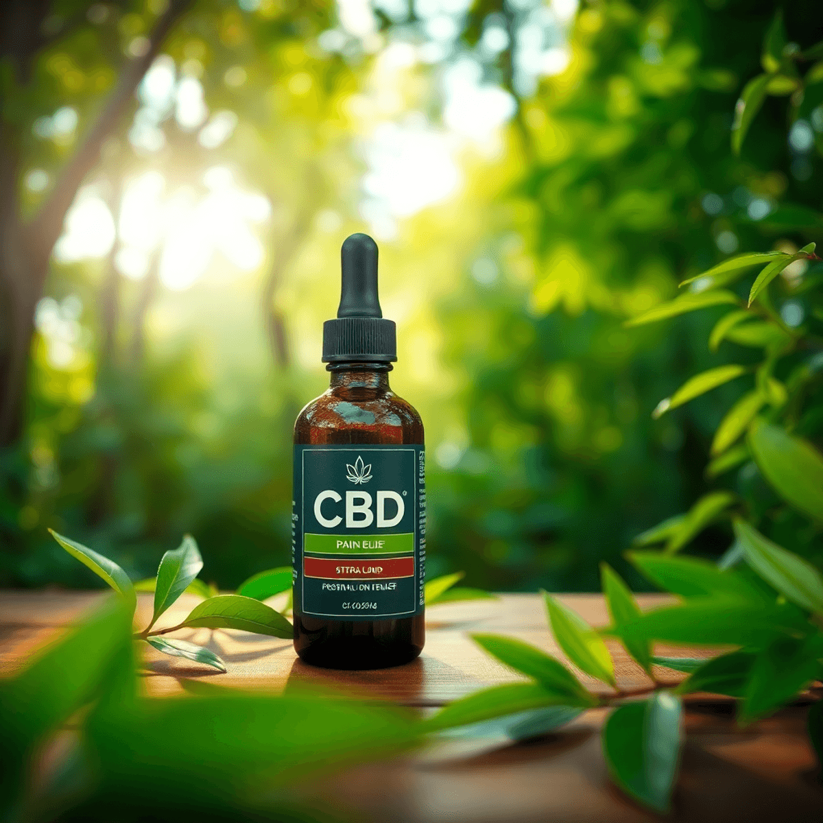 A bottle of CBD oil on a wooden table, surrounded by lush green leaves and dappled sunlight filtering through trees, creating a serene and calming atmosphere.