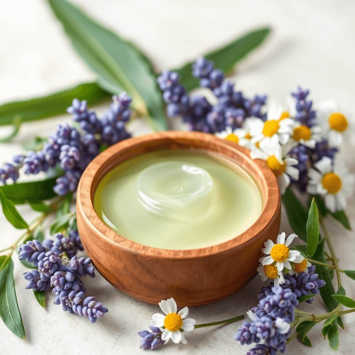 A wooden bowl filled with organic aloe vera gel, surrounded by fresh lavender, chamomile flowers, and green leaves on a soft, calming background.