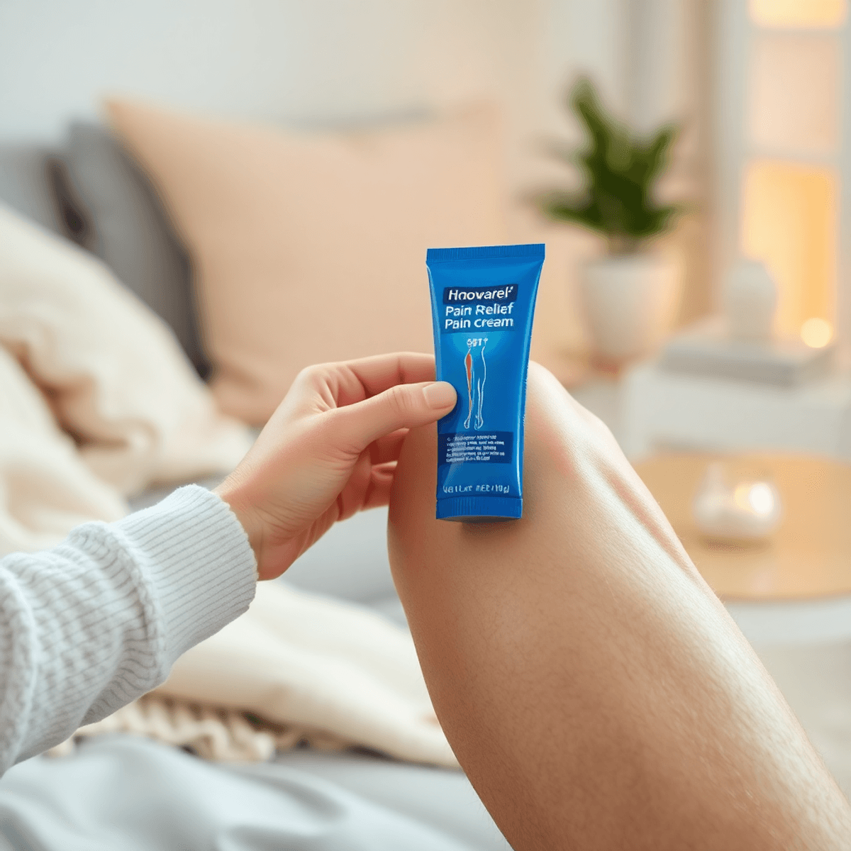 A hand applies pain relief cream to a knee joint, set in a cozy living room with soft colors, warm lighting, and a blanket, emphasizing self-care and comfort.