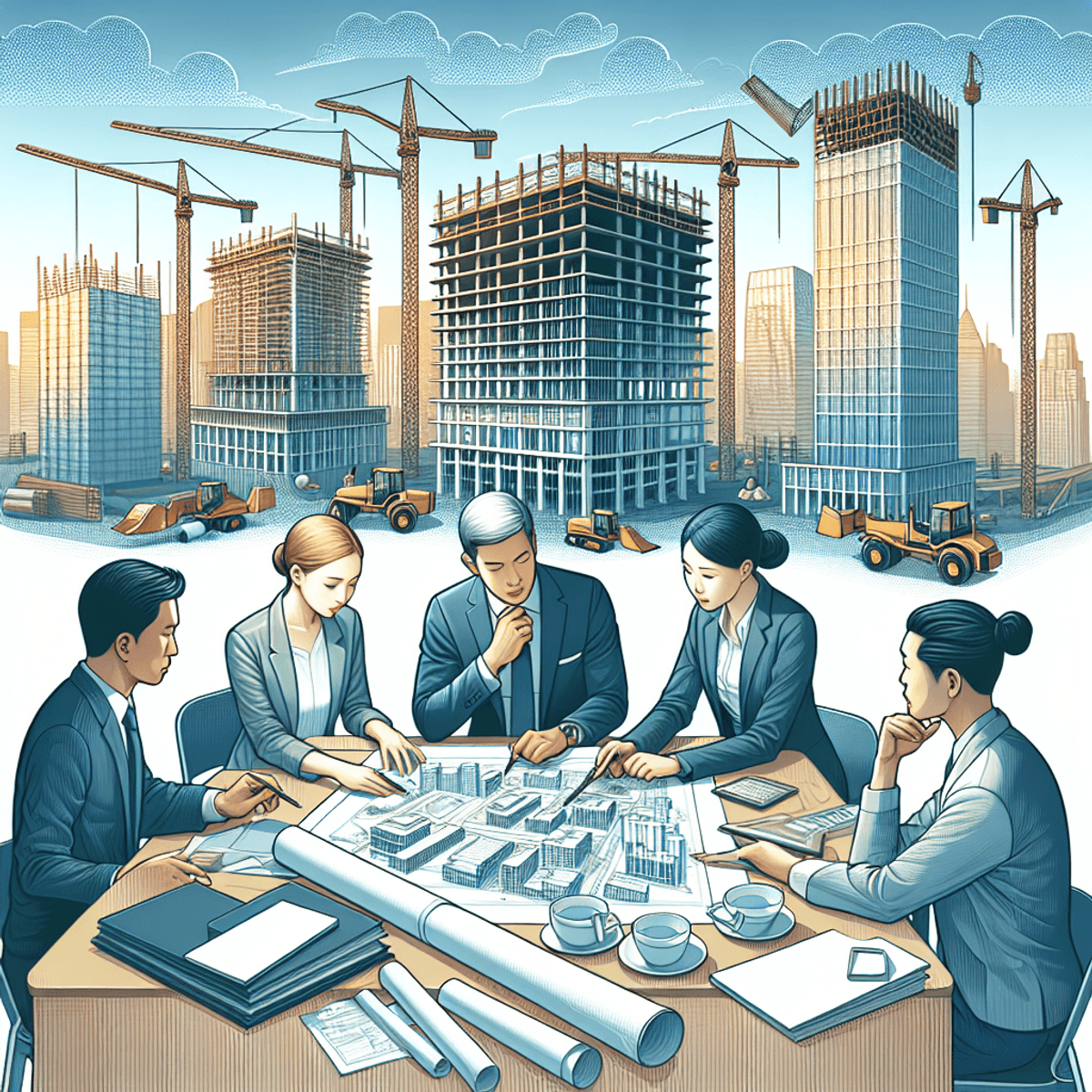 3 Real Estate Development Projects: Analysis 2 A diverse group of professionals, including a Caucasian woman and an Asian man, are engaged in a focused discussion over detailed architectural plans and blueprints at a bustling construction site. In the background, towering cranes loom over half-constructed buildings, symbolizing ongoing real estate development. The individuals are dressed in hard hats and safety vests, emphasizing their roles in the project. Their expressions convey concentration and collaboration as they point to specific areas on the blueprints, surrounded by tools and equipment that illustrate the active work environment.