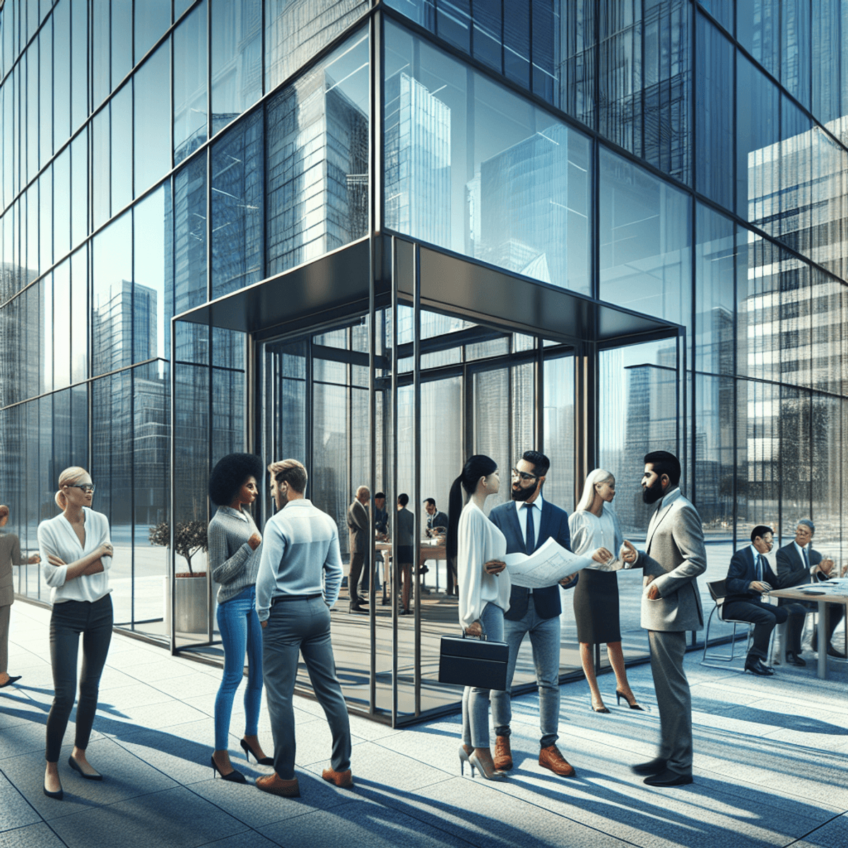 3 Real Estate Development Projects: Analysis 4 A modern glass office building reflecting the urban landscape, with a diverse group of professionals outside the entrance. A Black female entrepreneur is engaged in conversation with a Middle-Eastern male investor, while a South Asian female architect discusses blueprints with a Caucasian male project manager. The scene captures a dynamic atmosphere of business collaboration and commerce in real estate.