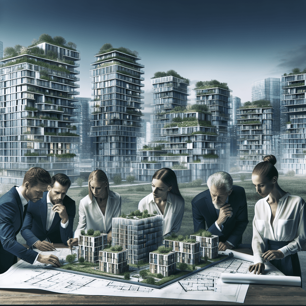 3 Real Estate Development Projects: Analysis 3 A diverse group of professionals, including Caucasian and Hispanic individuals, intensely collaborating over blueprints and models of residential property developments in an urban setting. Modern buildings rise in the background, highlighting a high-tech environment, while patches of greenery interspersed among the structures symbolize sustainable living. The scene is clear of any textual elements, relying on visual symbols and the professionals to convey the narrative.