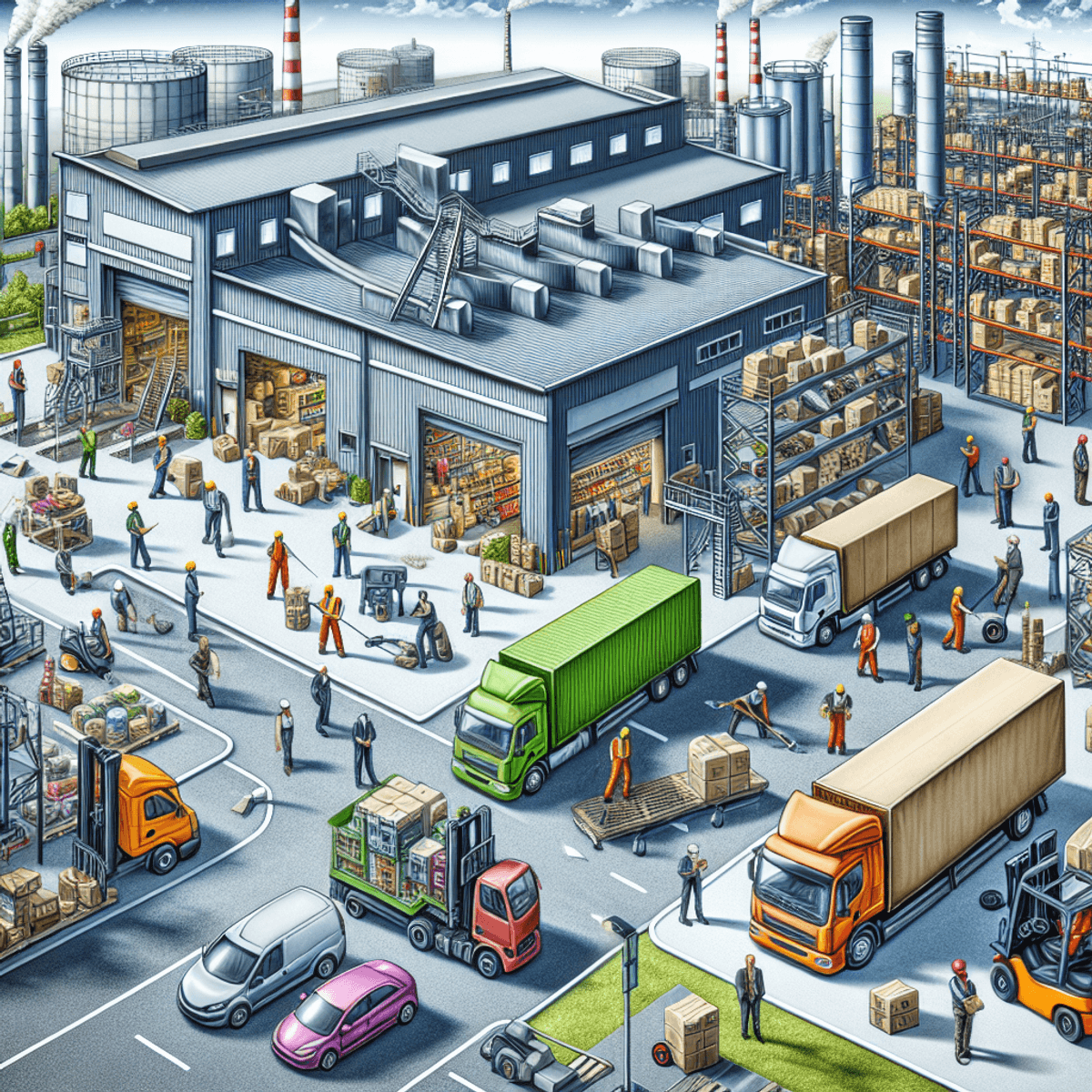 3 Real Estate Development Projects: Analysis 5 A bustling industrial site with large warehouses and production buildings, showcasing a diverse group of workers including Caucasian, Asian, and Hispanic individuals collaborating on a task. In the background, delivery trucks and heavy machinery are visible, emphasizing the supply chain and production sectors. The scene is vibrant and realistic, capturing the essence of teamwork in a modern industrial environment without any text.