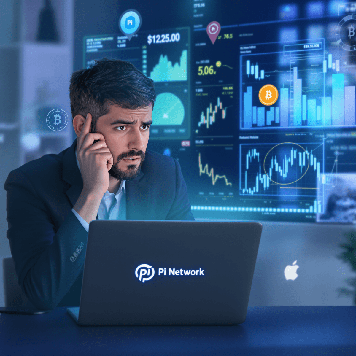 A concerned investor examines cryptocurrency data on a laptop, surrounded by charts and digital currency symbols, highlighting the Pi Network logo.