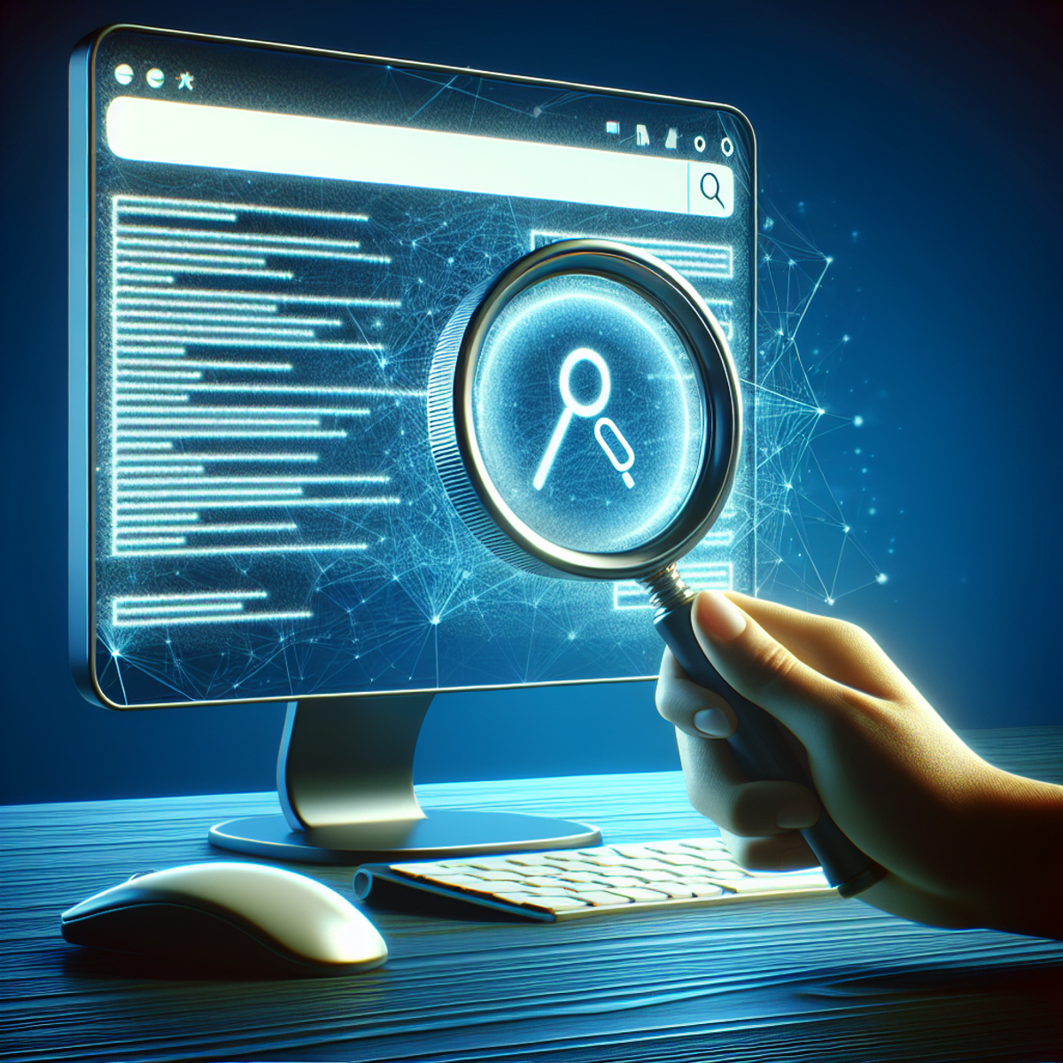 Seo optimasi A hand holds a magnifying glass over a computer monitor displaying abstract symbols and lines.