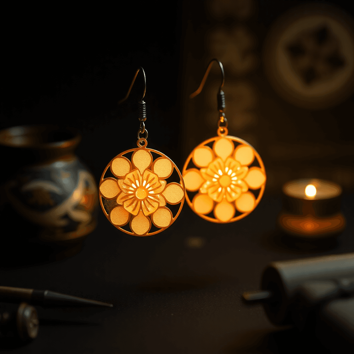 Close-up of glowing traditional hanafuda earrings with cultural motifs and crafting tools on a dark background, highlighting storytelling and heritage.