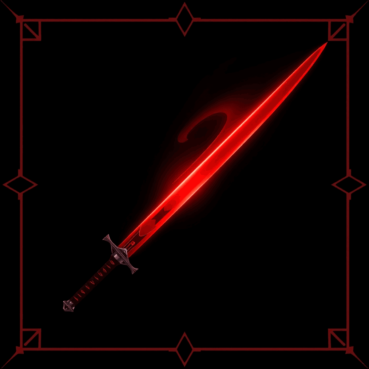 A realistic illustration of a glowing deep red Nichirin sword with sharp geometric borders on a dark background, evoking a mystical and intense atmosphere.