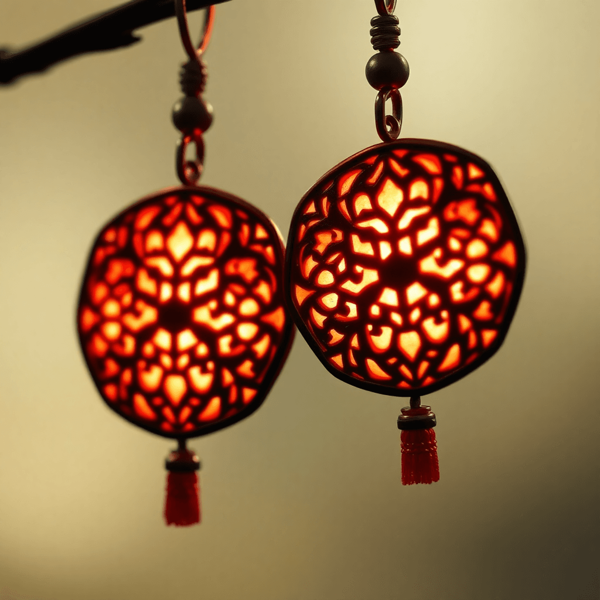 Close-up of glowing traditional Hanafuda earrings symbolizing spiritual protection and wisdom against a subtle mystical background.