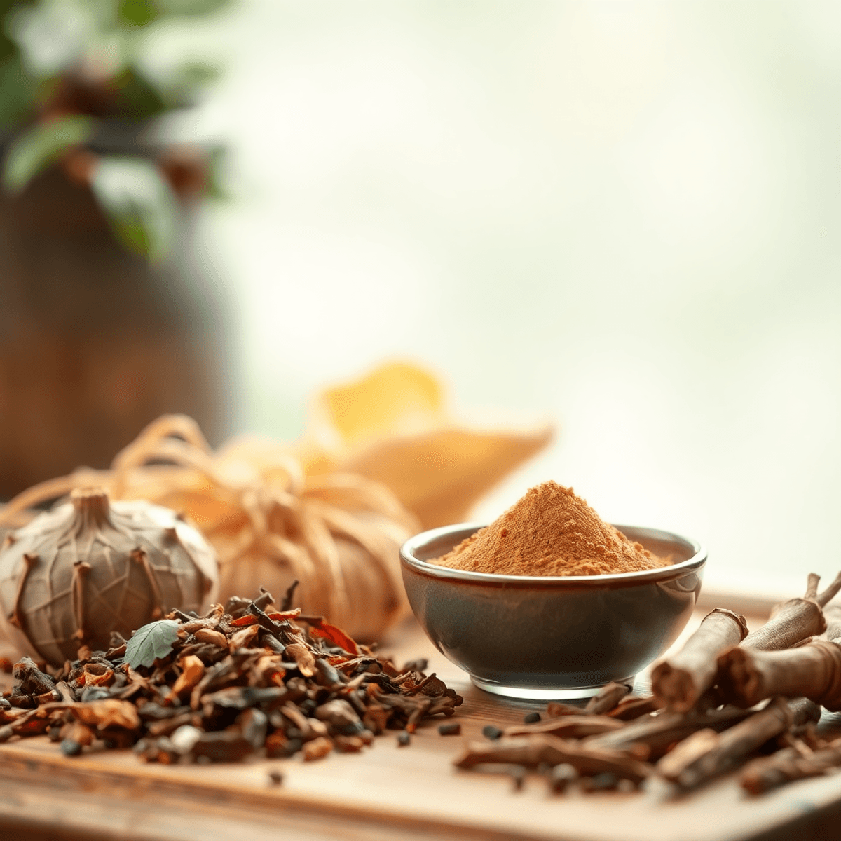 A collection of dried herbs and a small bowl of powder arranged on a soft, calming background with gentle light and flowing water elements, symbolizing vitality and well-being.