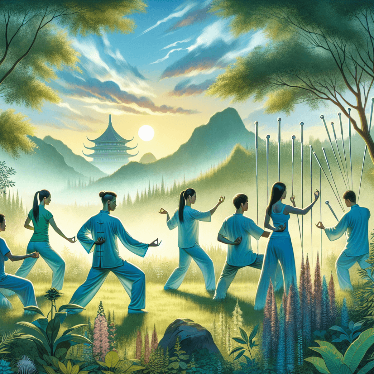 A diverse group of individuals, including Caucasian, Asian, and Hispanic descent, practice tai chi in a tranquil outdoor setting. They demonstrate focus and peace, surrounded by lush greenery and vibrant herbal plants. In the background, subtle acupuncture symbols appear as thin, pointed shapes. The scene is rich in color and detail, showcasing the harmony and tranquility of Traditional Chinese Medicine in promoting well-being.