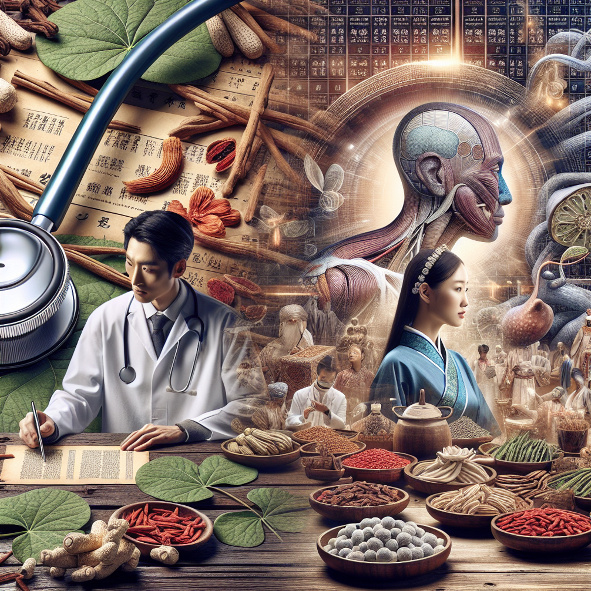 A South Asian man in a lab coat examining herbs with a Hispanic woman in traditional Chinese attire brewing a concoction.