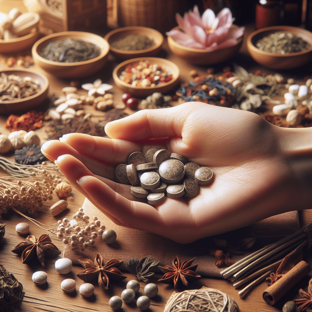 A close-up of an Asian individual's hand delicately holding a small, round herbal teapill, surrounded by a rich assortment of traditional Chinese medicinal ingredients like dried herbs, flowers, and natural elements. The background features vibrant colors and textures that evoke a holistic health theme, emphasizing the cultural significance of teapills in Traditional Chinese Medicine without any text or written words.