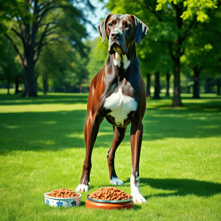 A proud Great Dane stands in a lush green park, surrounded by bowls of nutritious dog food, under a sunny sky with trees, highlighting the bond between pets and owners.