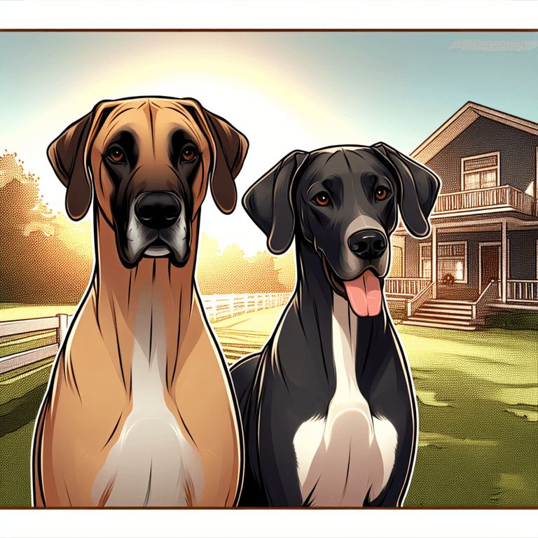 A cartoon image of two gentle Great Danes standing side by side, one with a sleek black coat and the other with a fawn tone, both displaying friendly expressions. They are set against a tranquil home environment illuminated by warm sunlight, creating an atmosphere of serenity and harmony.