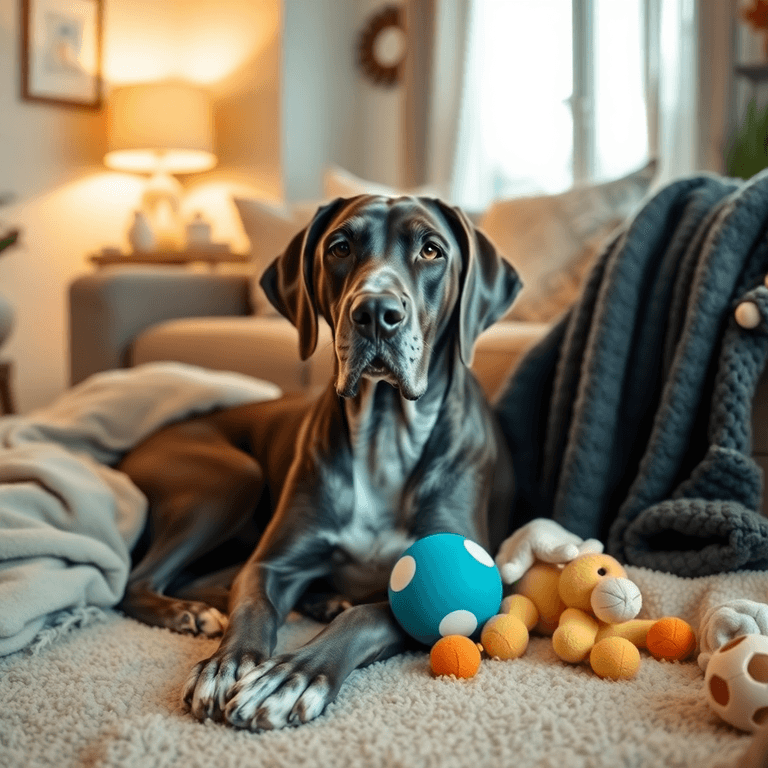A Great Dane sitting calmly in a cozy living room, surrounded by soft blankets and toys, with warm lighting creating a tranquil and safe atmosphere.