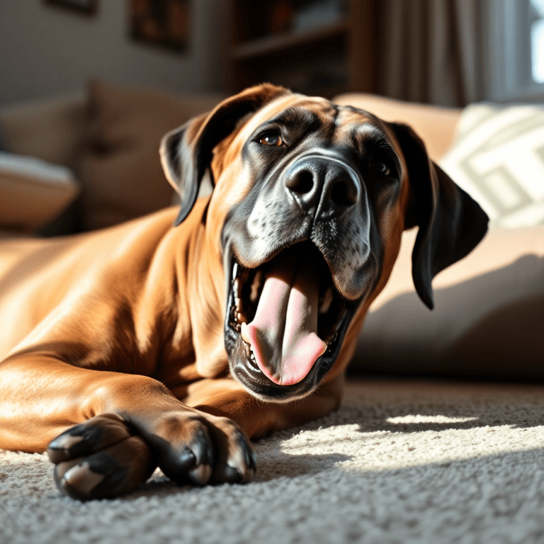 A Great Dane lying down with its mouth open in a yawn, surrounded by a cozy home environment, exuding calmness and relaxation in soft natural lighting.