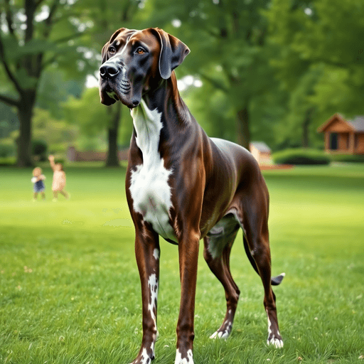 A majestic Great Dane stands proudly in a lush green park, exuding a gentle demeanor, with children playing and a cozy home visible in the background.