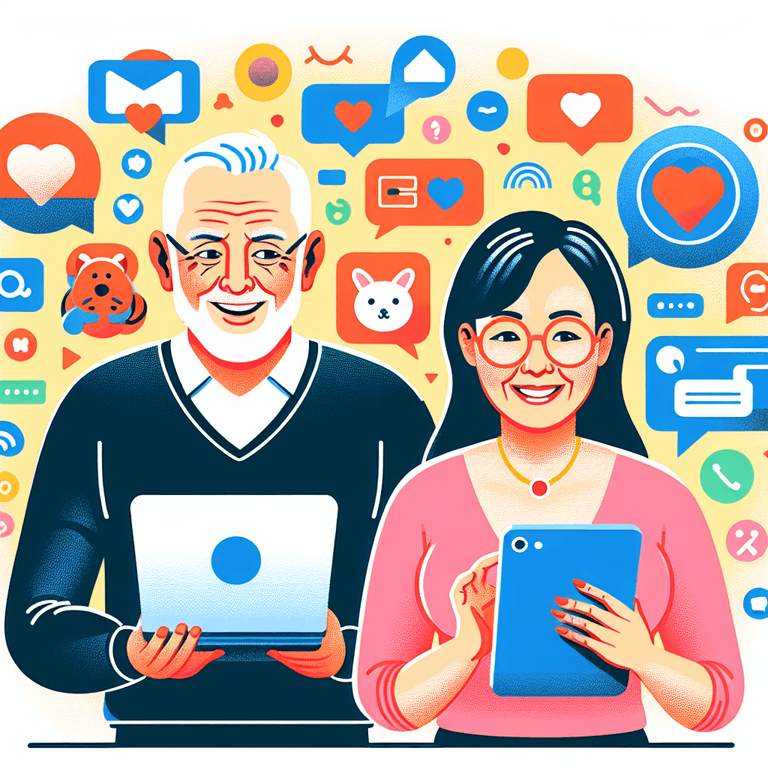 A cartoon-style illustration of an elderly Caucasian man and an Asian woman happily engaging in online dating, using laptops and smartphones, surrounded by vibrant icons representing various digital platforms.